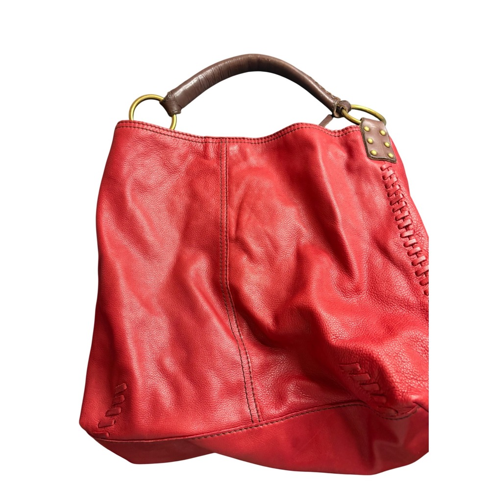 Lucky Brand Red Pebbled Leather Hobo Bag Brown Trim Whipstitch Brass Rings